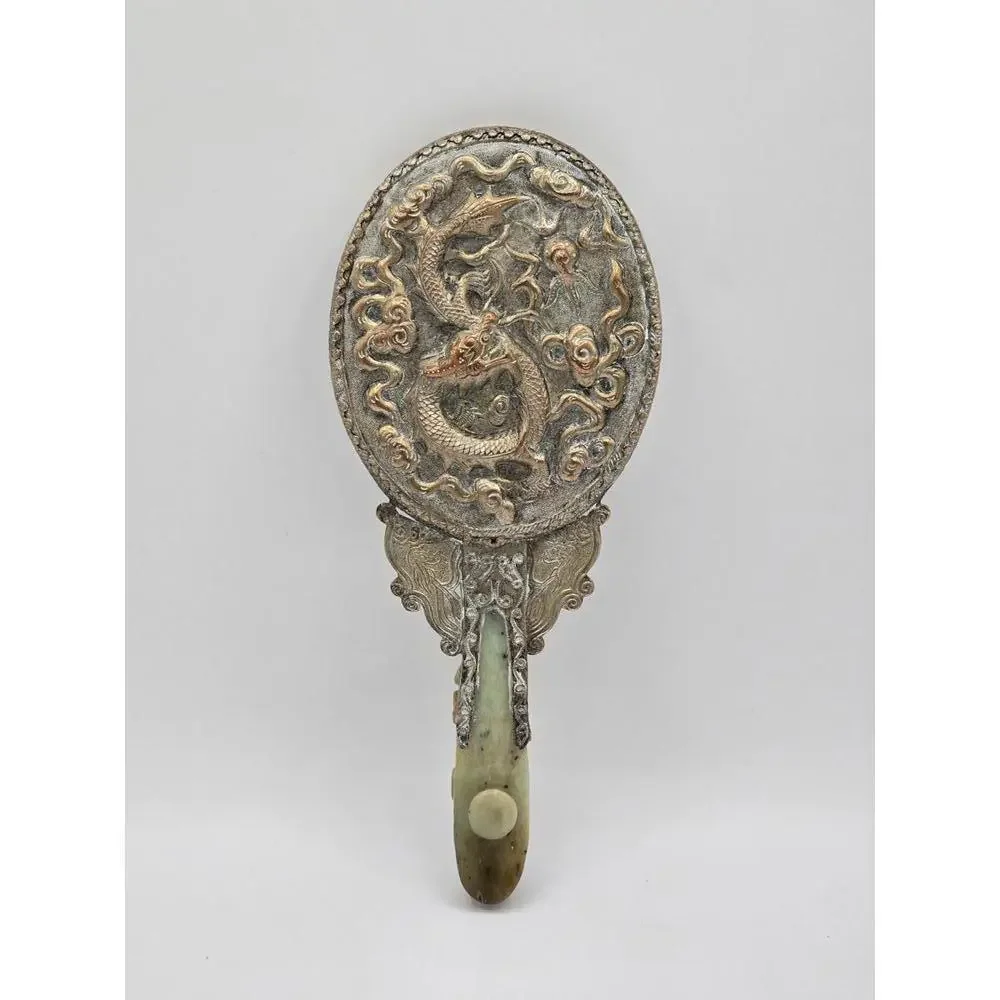 Antique Chinese Silver-plated Hand Mirror with Carved Jade Belt Hook Handle